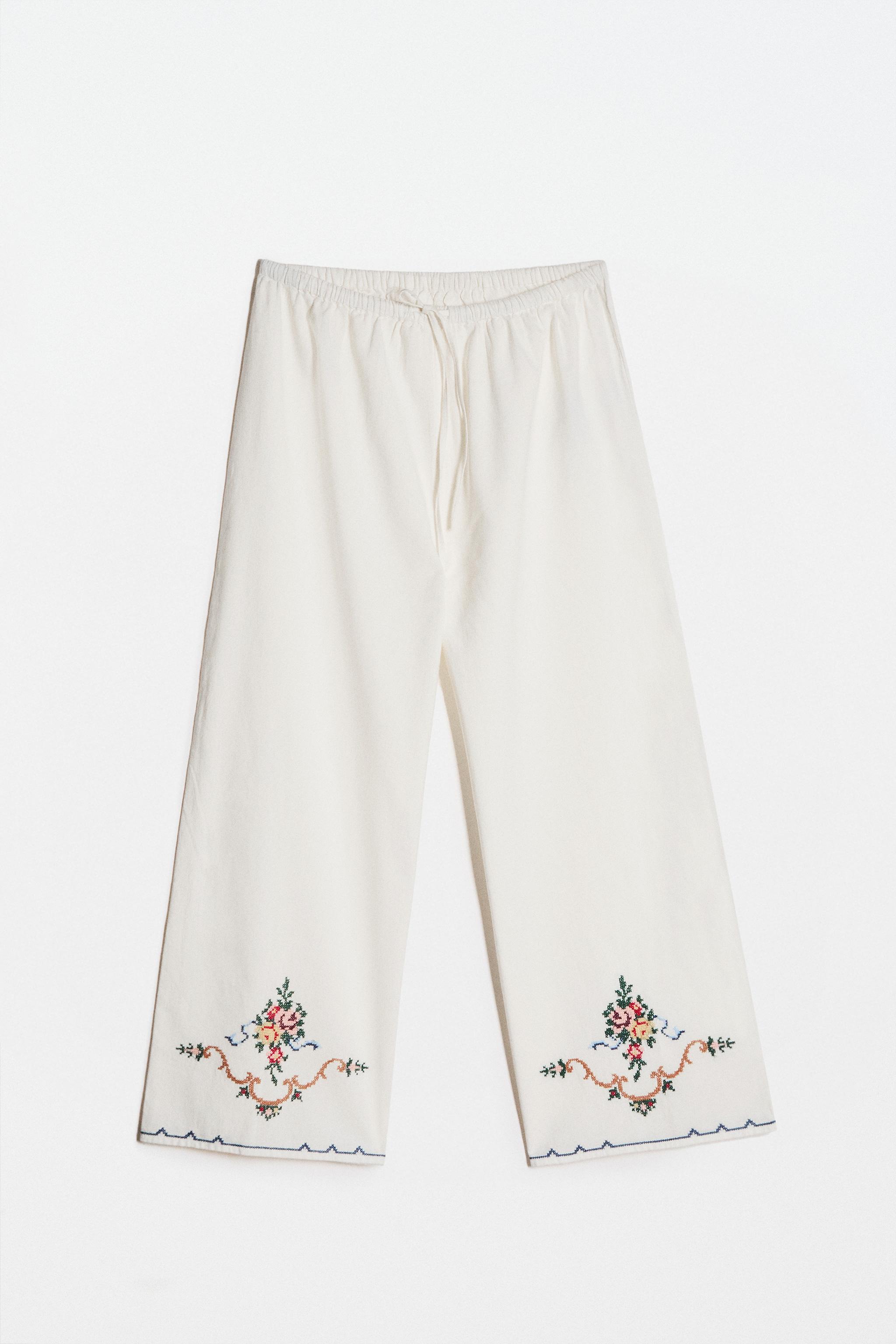 COTTON AND LINEN EMBROIDERED TROUSERS